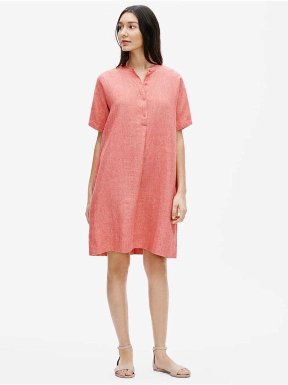Eileen Fisher Organic Linen Shift Dress Pink Coral Button Front Size M
